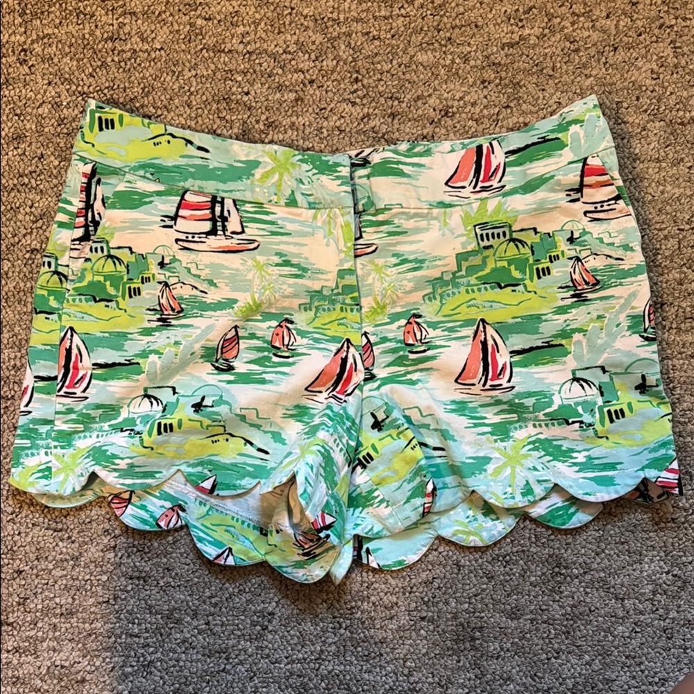 Crown & Ivy High Waist Green and Pink Scalloped Shorts